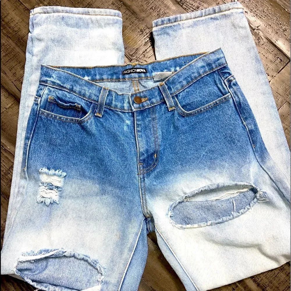 Fashion nova mom style high rise heavily distressed ombré jeans